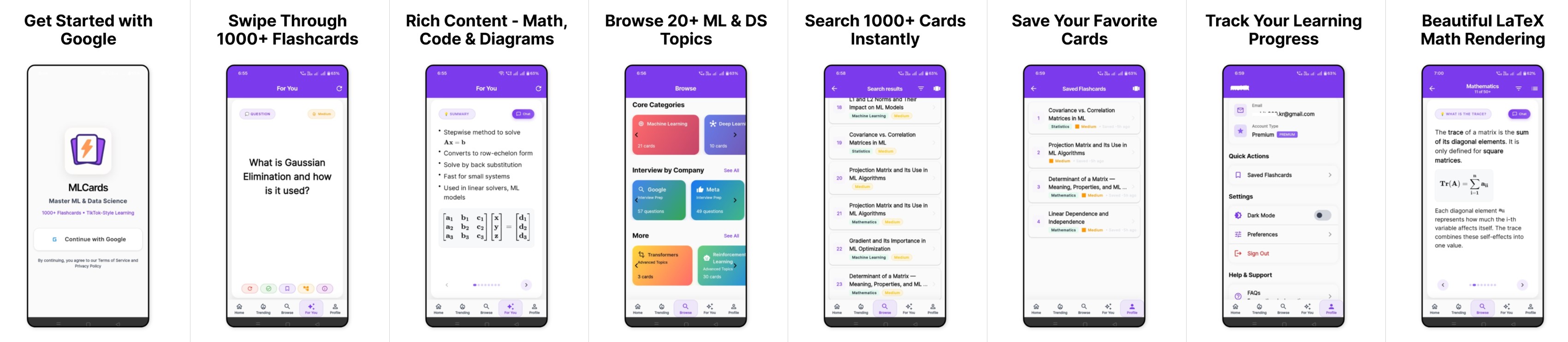 MLCards app features showcase - swipe flashcards, rich content with math and code, browse ML topics, search cards, save favorites, track progress, and beautiful LaTeX rendering